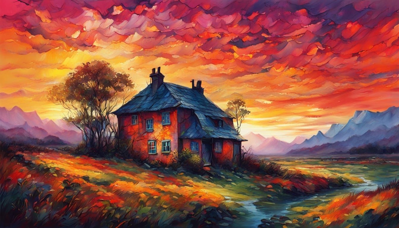 Vibrant Sunset Over Broken Cottage Painting