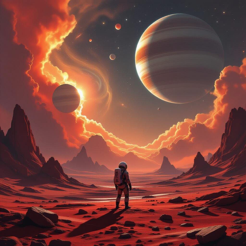 Astronaut Gazes at Alien Sky with Ringed Planets