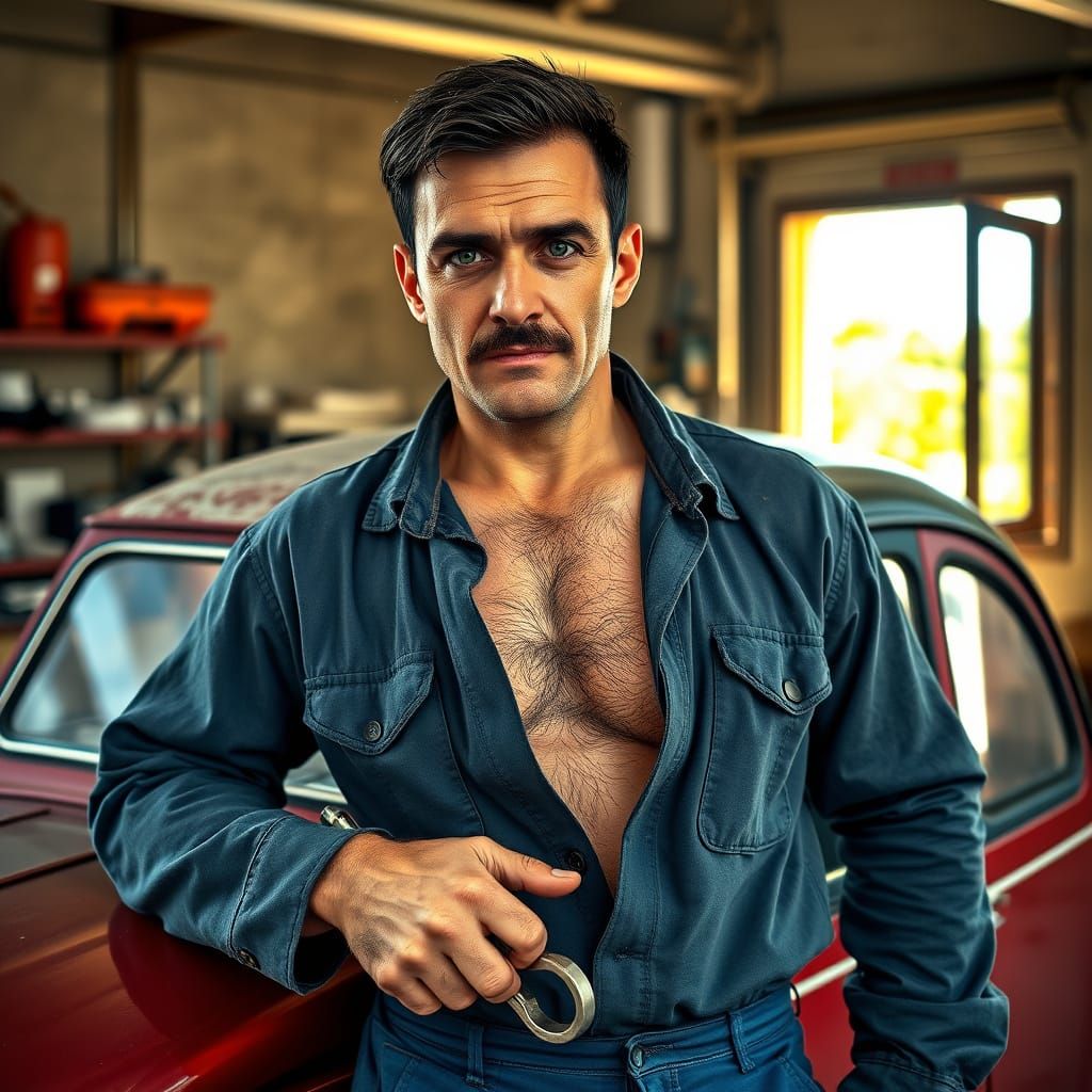 Mechanic in Italian Workshop, Hyperrealistic Style