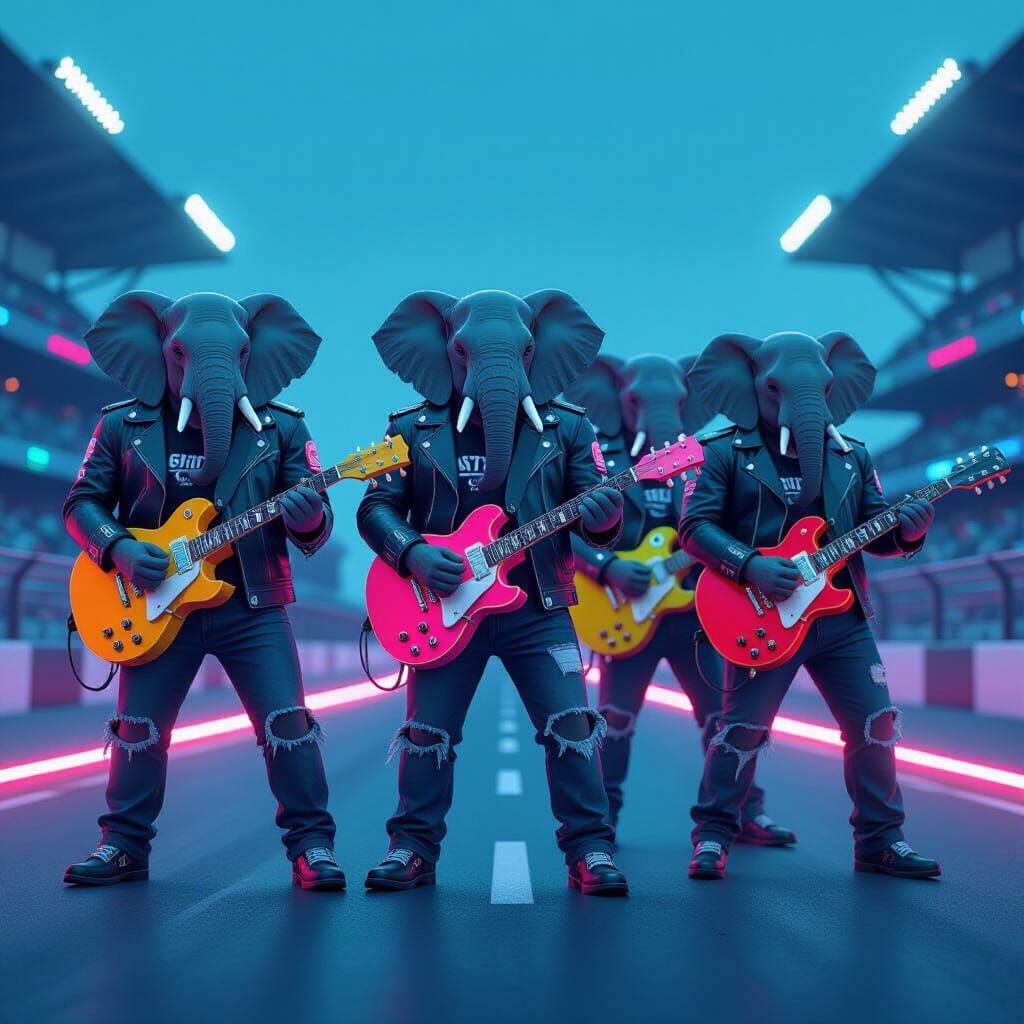 Hybrid Elephant-Terminators Rocking on Futuristic Racetrack