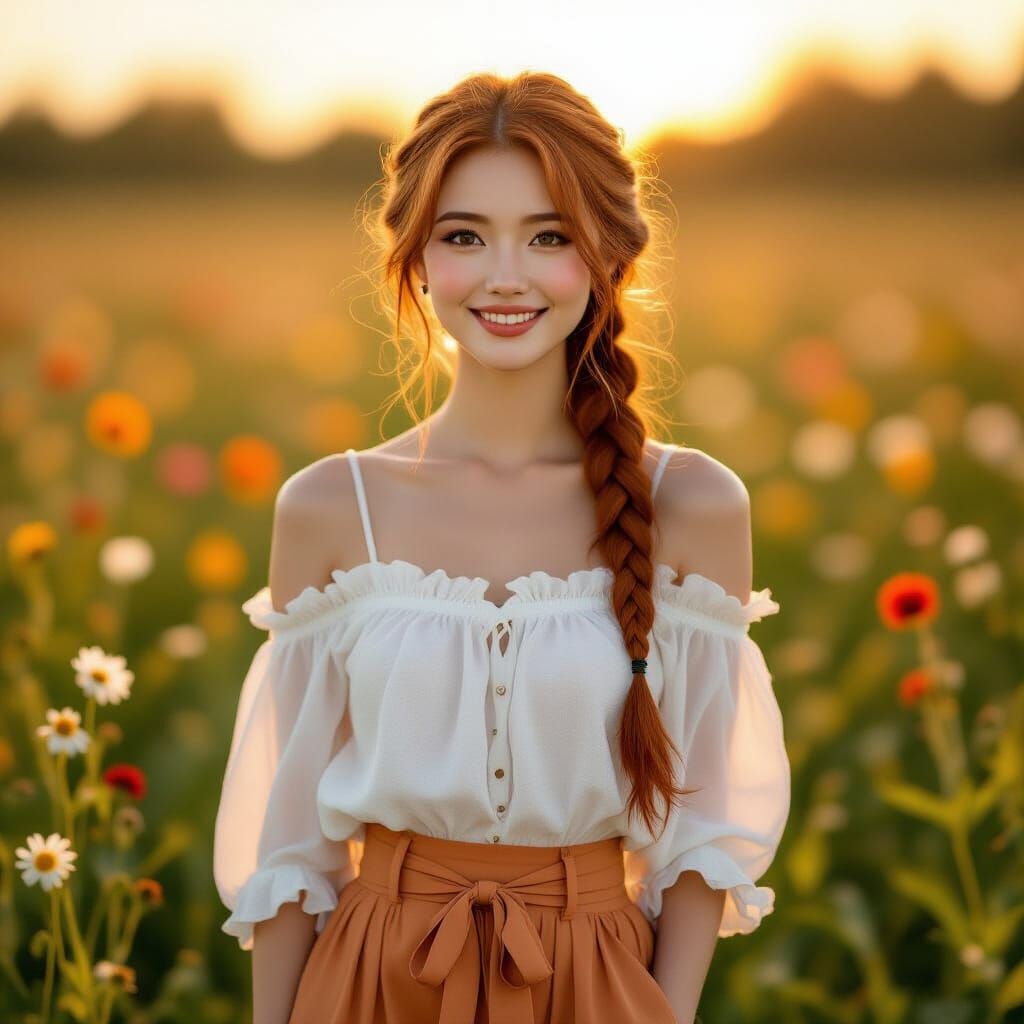 Japanese Woman in Wildflowers, Art Nouveau Style