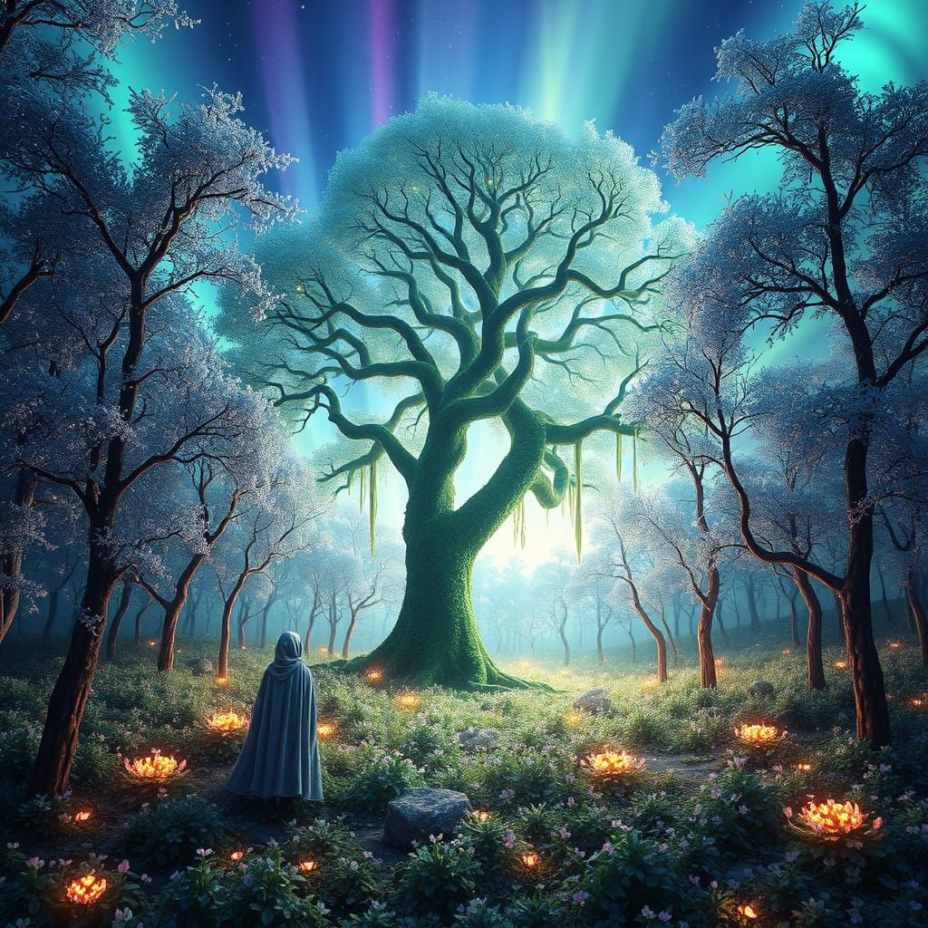 Enchanted Aurora Forest in Whimsical 3D Digital Art