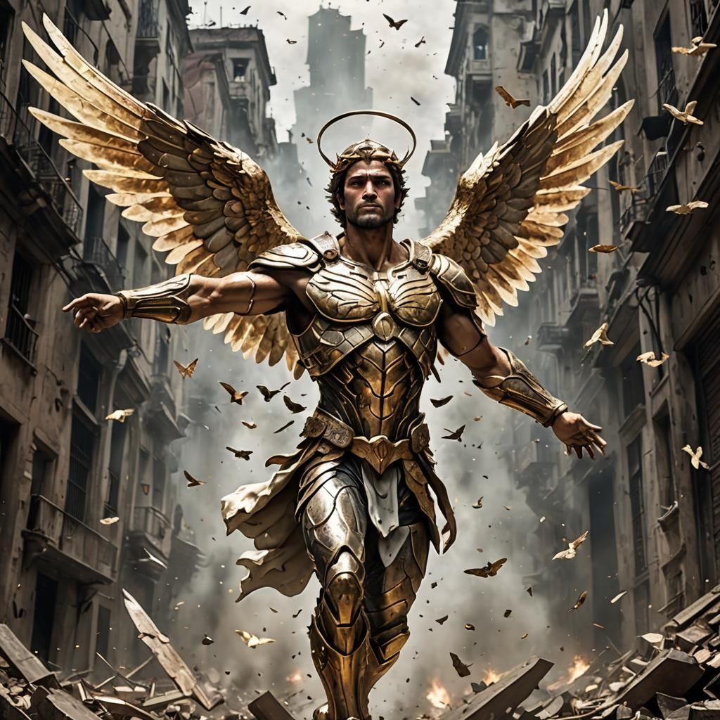 Apocalyptic Angel Warrior in a Ruined Landscape
