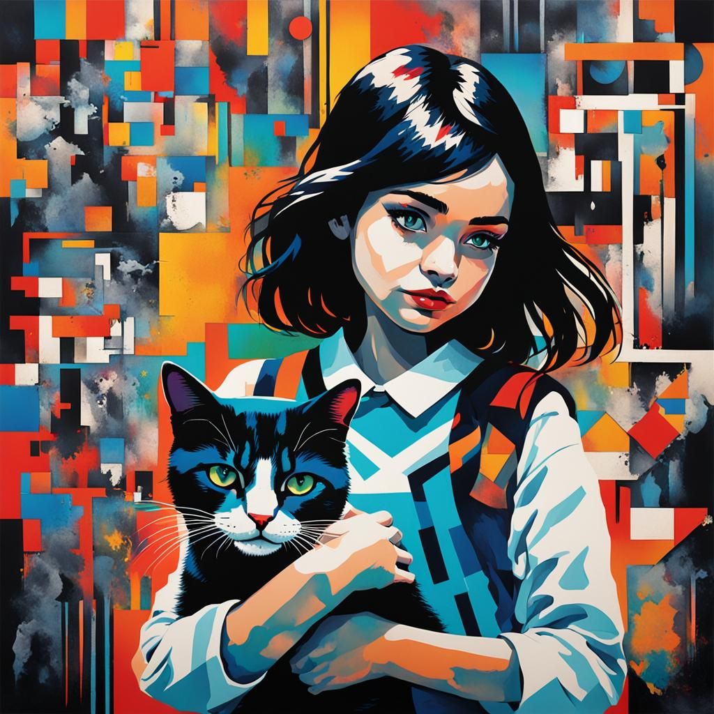Girl with Cat: Bauhaus-Inspired Digital Art