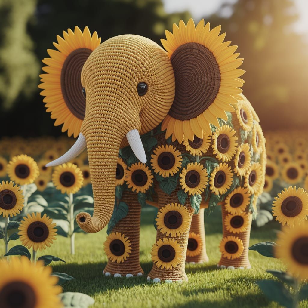 Sunflower Crochet Elephant in Sunny Meadow