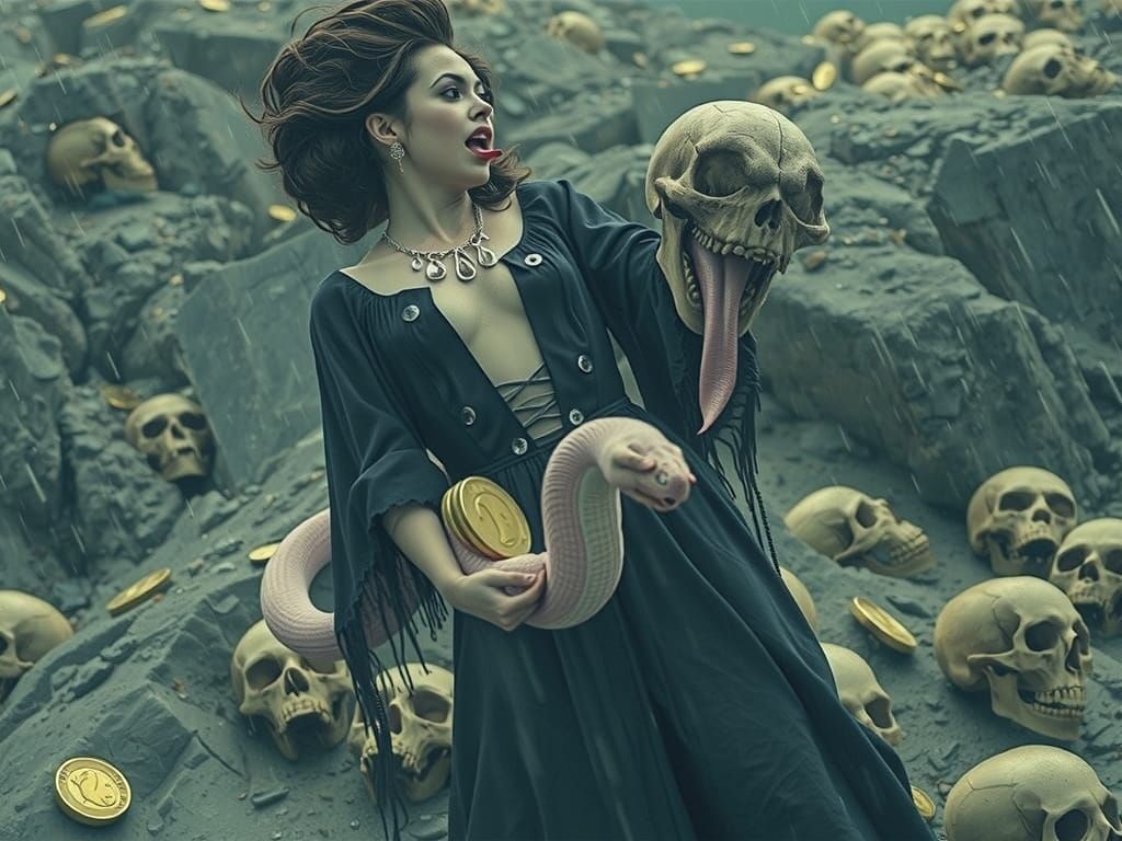 Sinister Woman with Pink Eel Amidst Gloom