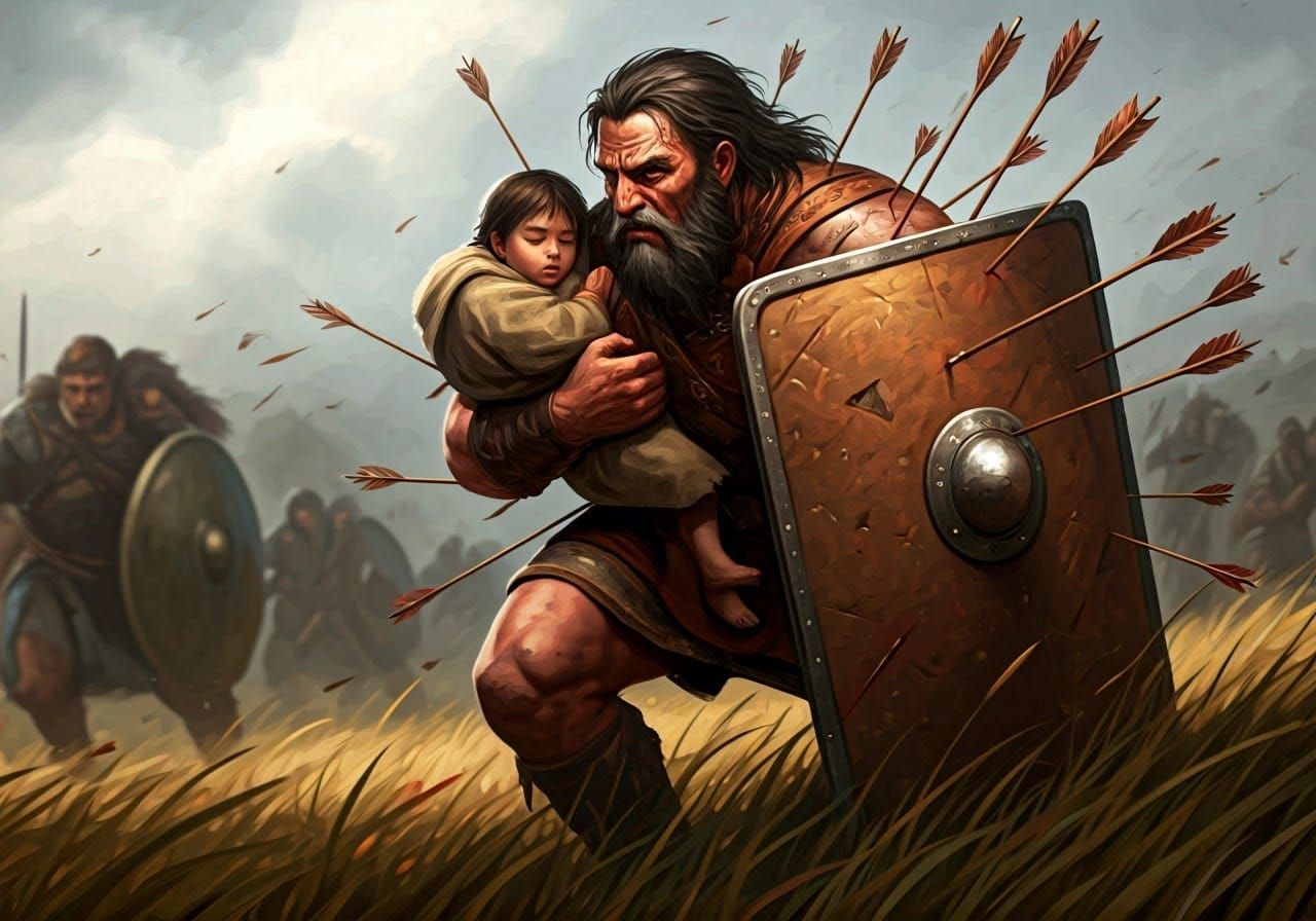 Warrior Shields Innocent Child in Photorealistic Oil Paintin...
