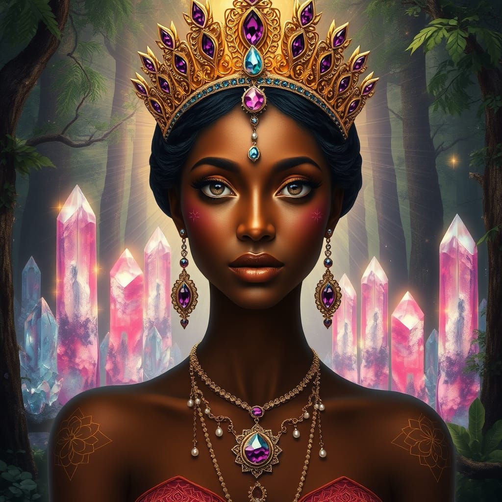 Surreal Goddess in Crystal Forest with Diamond Crown and Gem...