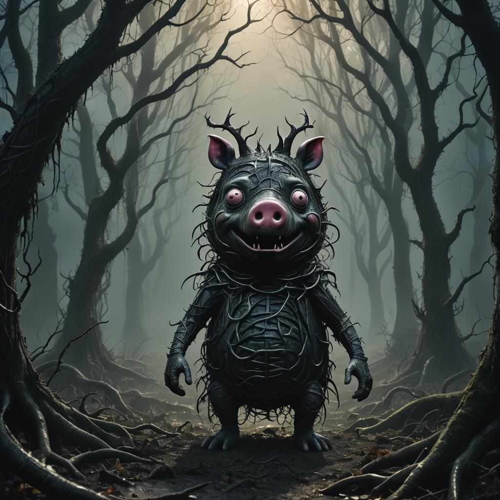 Grotesque Peppa Pig Hybrid in Dark Fantasy Style
