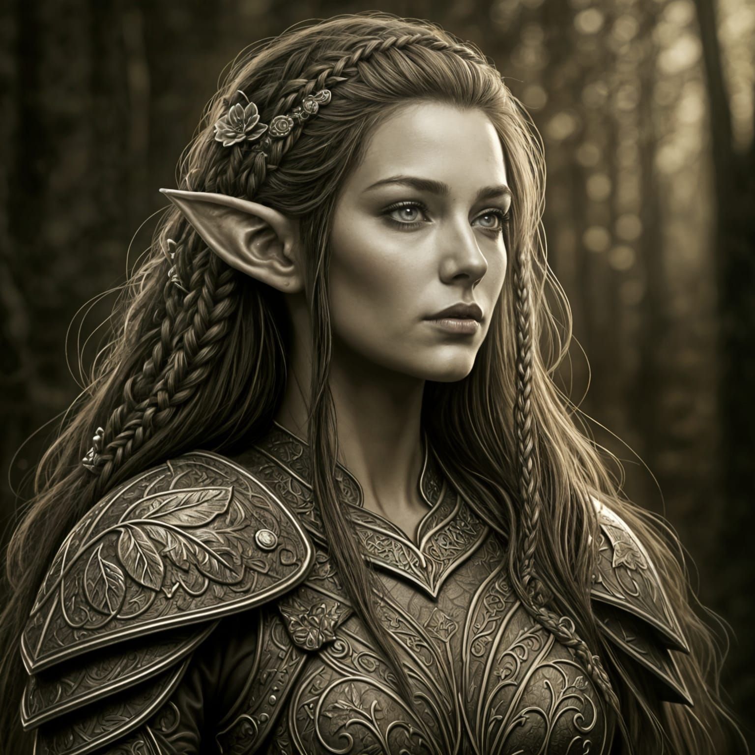 Elven Ranger in Intricate Armor: Graphite Pencil Art