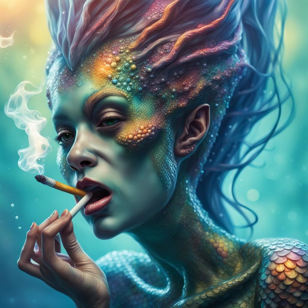 Hyperrealistic Mermaid Alien Smoking: Splash Art