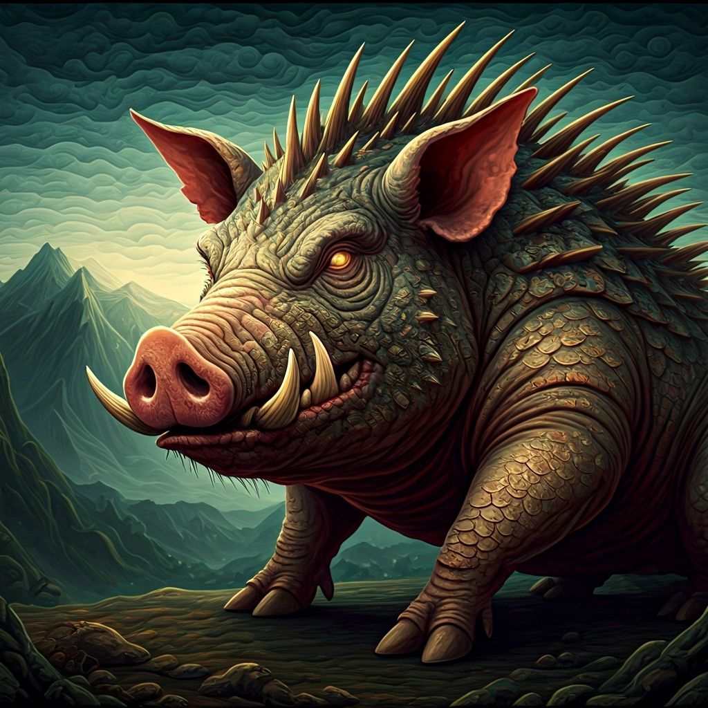 Gigantic Quilted Pig Monster in Fantasy Fabric Art Style