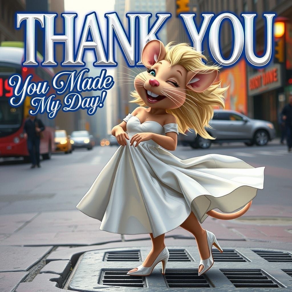 A female humanoid brown mouse, blonde hair, a mole on her cheek, resembling Marilyn monroe, wearing a white dress, white...