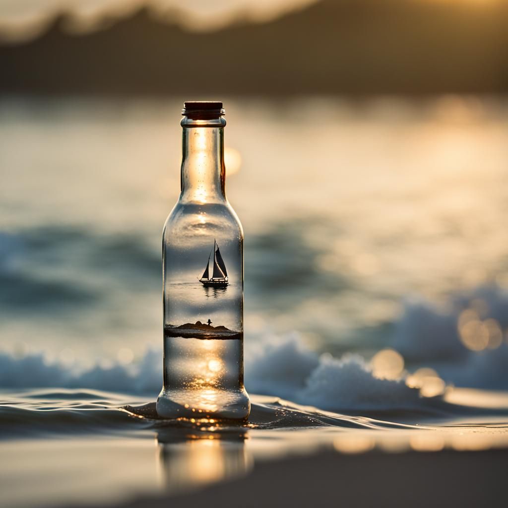 Glass Bottle Sets Sail Across Serene Ocean