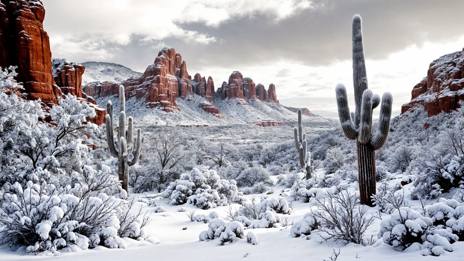 Snowy Sedona Desert Landscape in Black and White