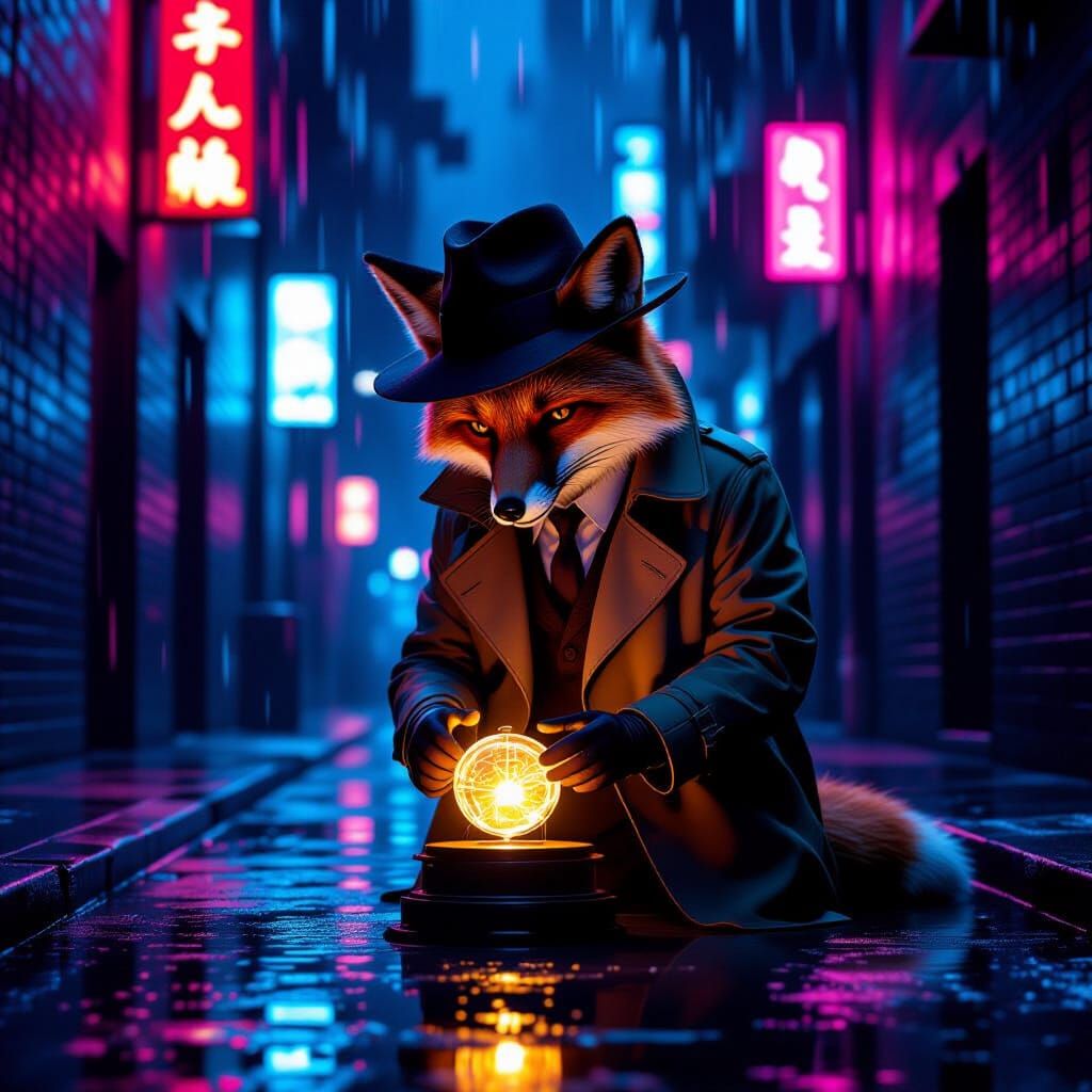 Fox Detective Investigates Glowing Artifact in Noir Alley