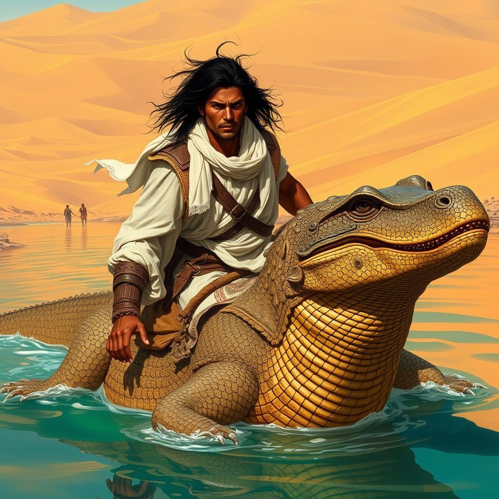 Majestic Desert Warrior Rides Scaly Lizard Through Turquoise...