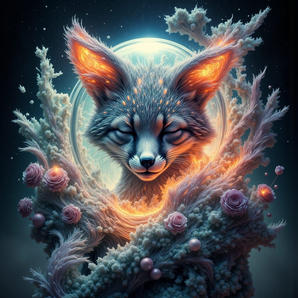 Fox in Orb with Roses, Futuristic Art