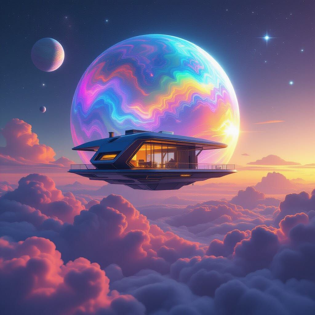 Futuristic Cabin Among Iridescent Gas Giant Clouds