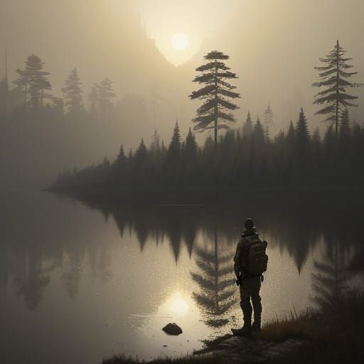 Hunter Stands Guard at Dawn in Enchanted Landscape