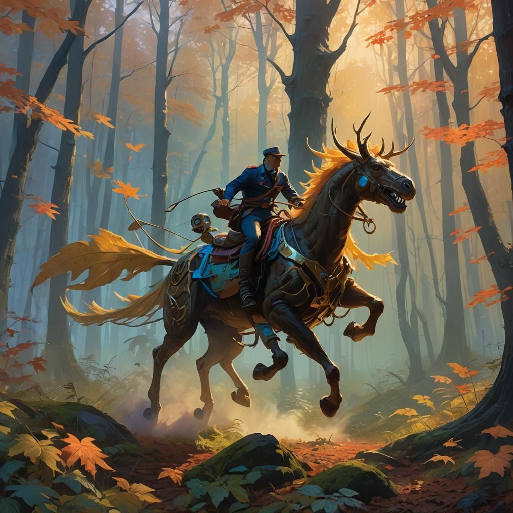 Captain Riding Creature Through Foggy Forest