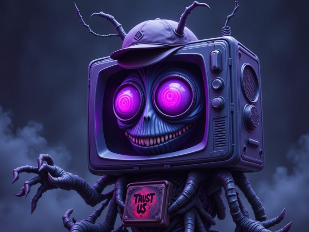 Cartoon TV Head with Vortex Eyes and Sarcastic Smile