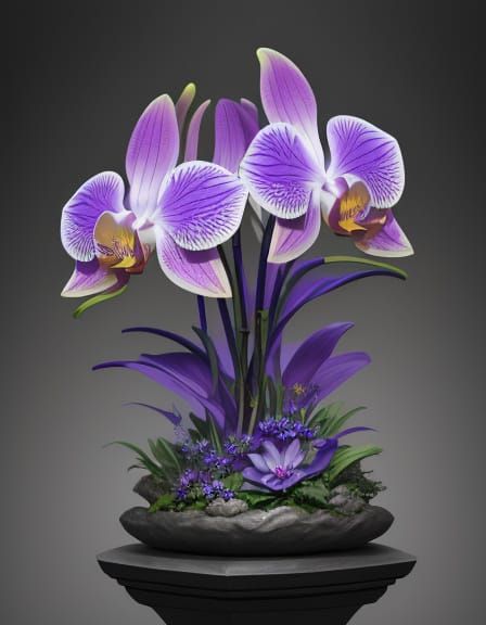 Giant Orchid Statue with Ethereal Human Face Sculpture