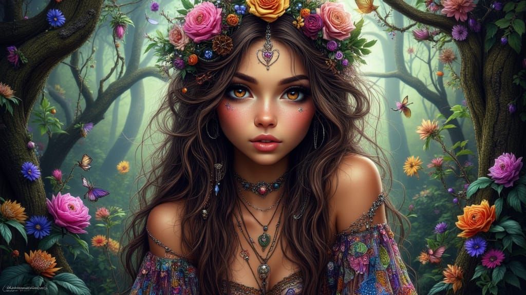 Whimsical Cyberpunk Princess in Dark Fantasy Forest
