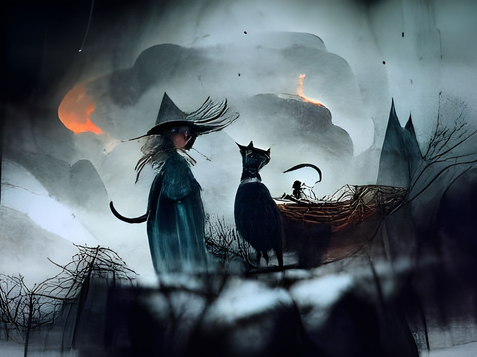 Ominous Fairytale: Witch and Cat in Dark Land