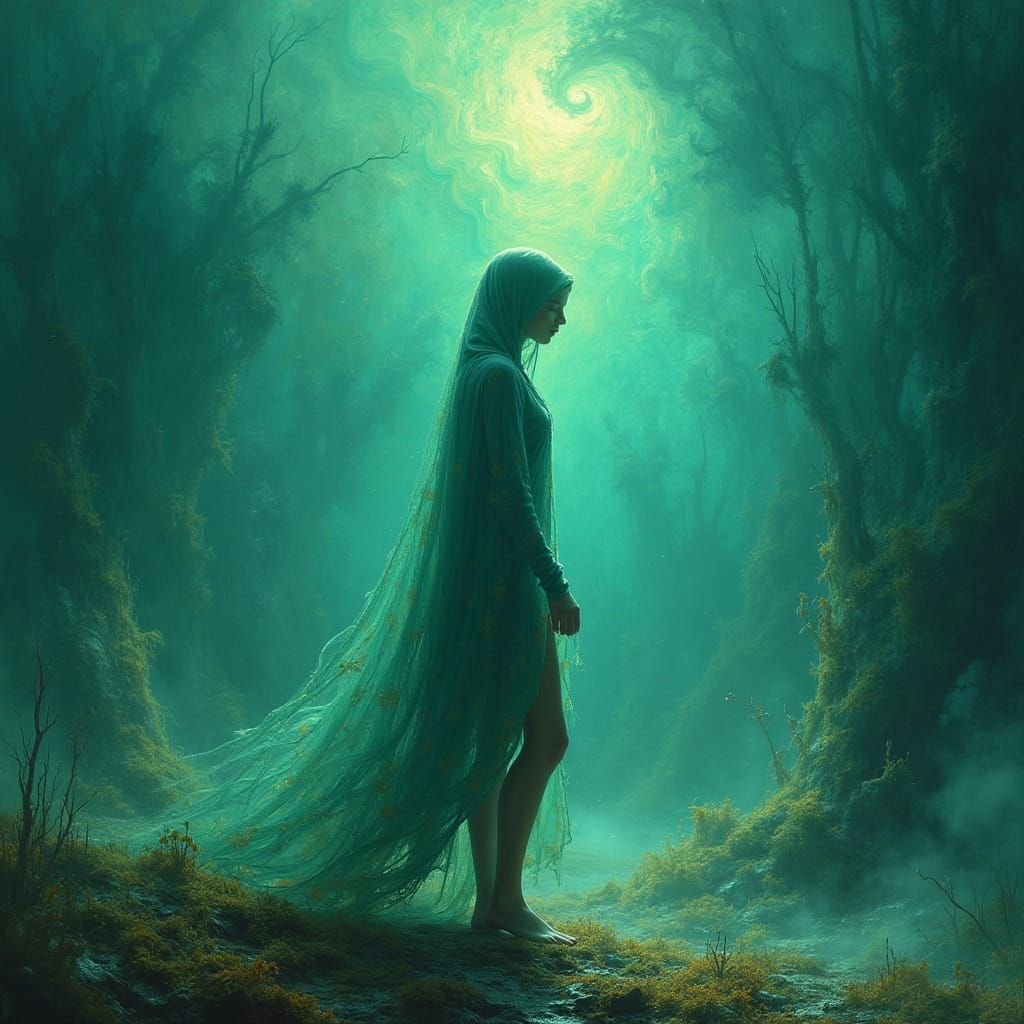 Surreal Dreamscape with Serene Young Woman Amidst Ethereal B...