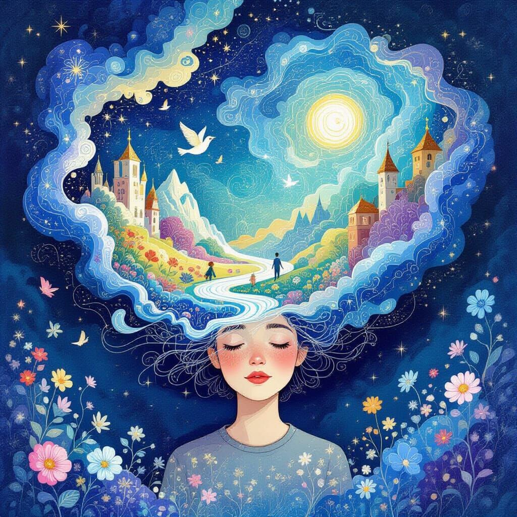 Dreamlike Inner World Illustration as Antique Etching