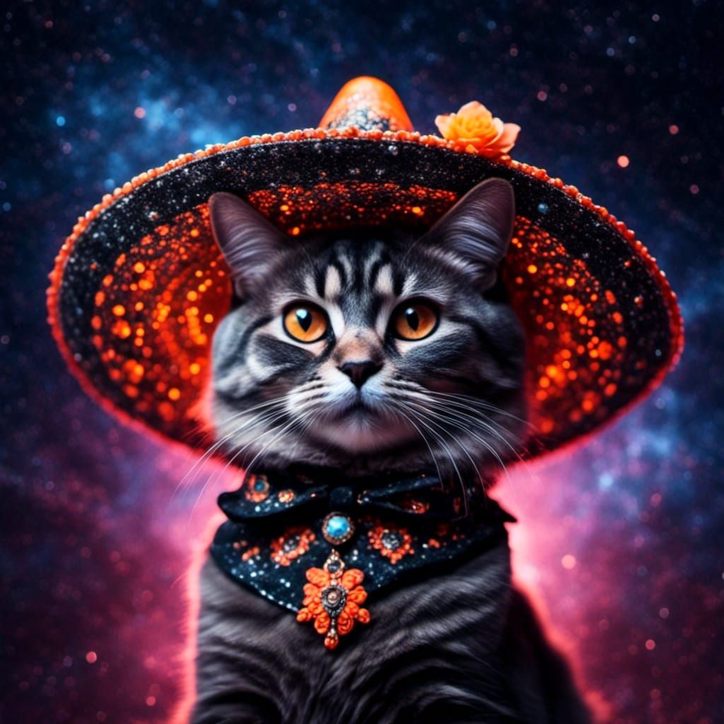 Sombrero Cat Portrait in Galaxy Space