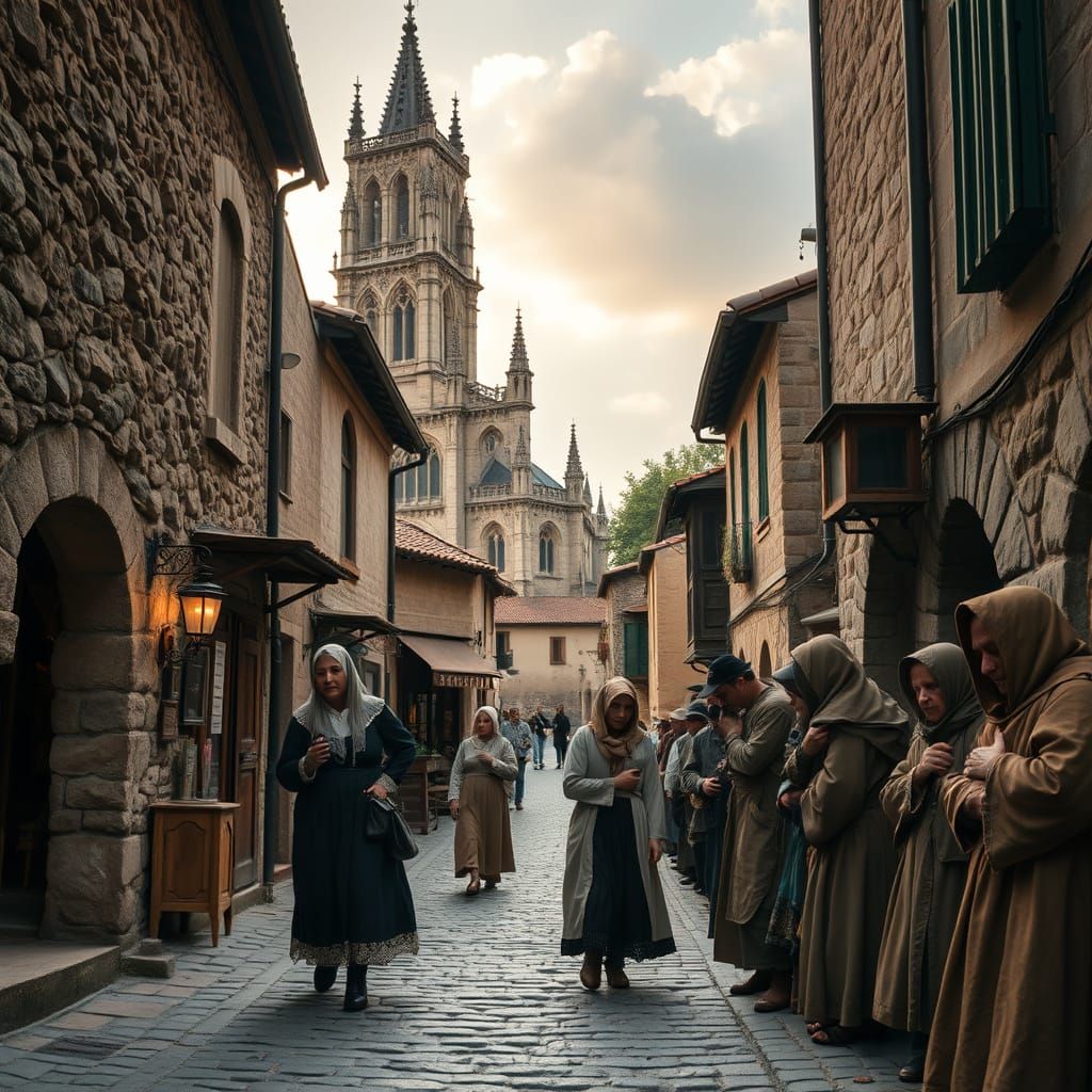 Rustic European Village Scene in Gothic Style