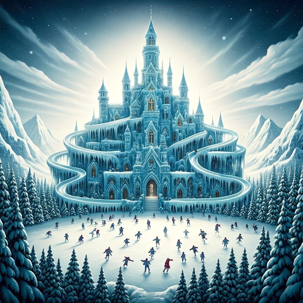 Whimsical Black and White Ice Castle with Twirling Skaters