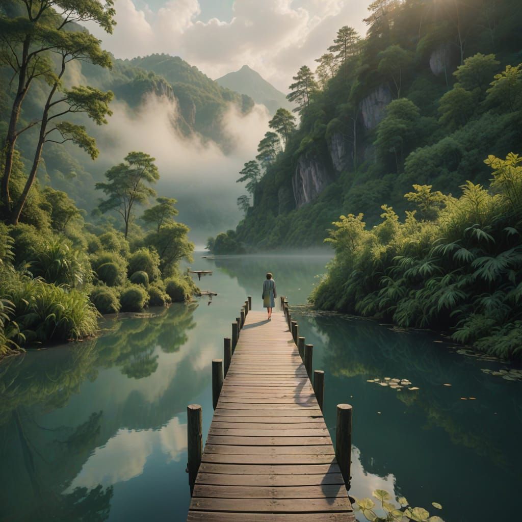 Ethereal Bridge Over Serene Lake in Dreamy Light