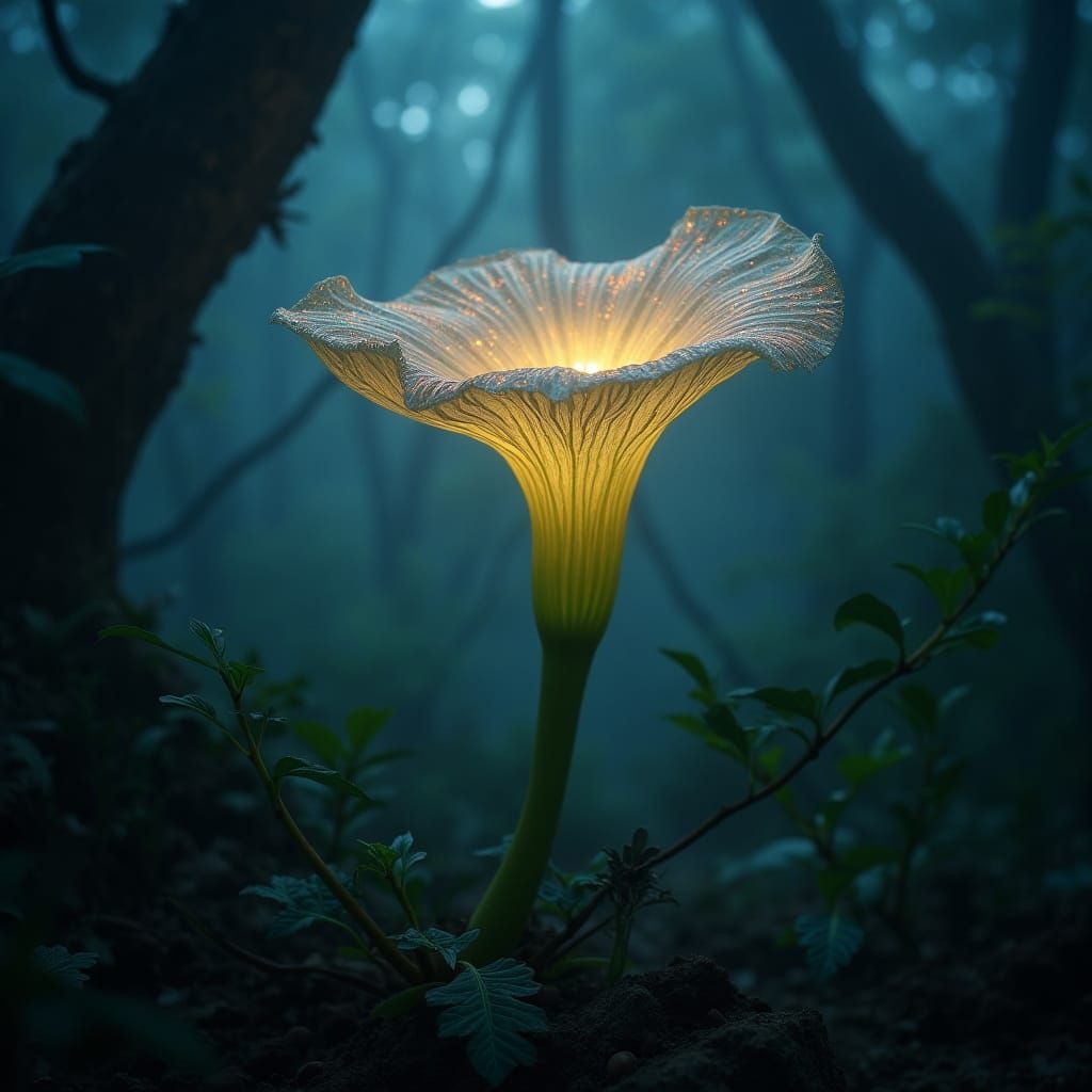 Bioluminescent Rafflesia Flower in Misty Jungle Clearing