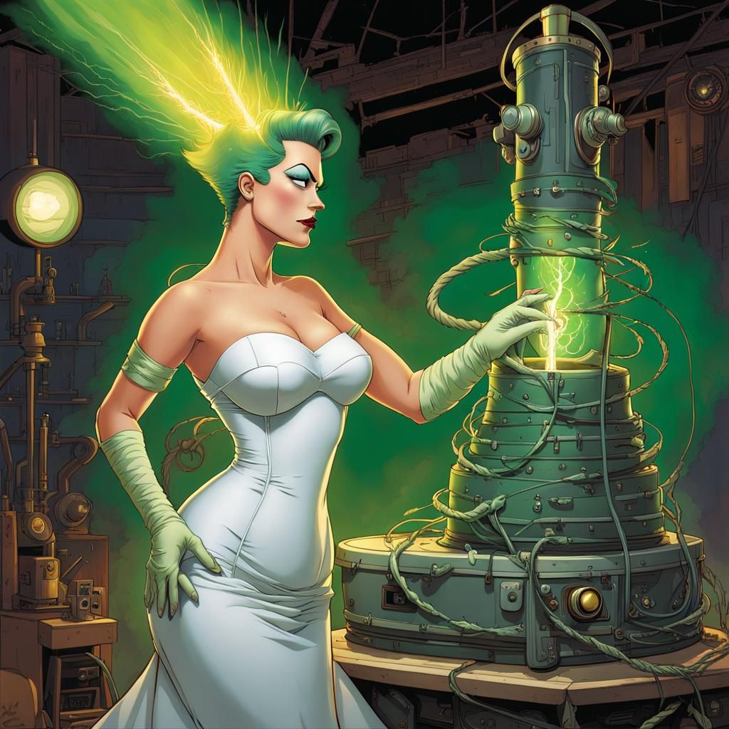 Bride of Frankenstein Portrait with Tesla Coil Sparks