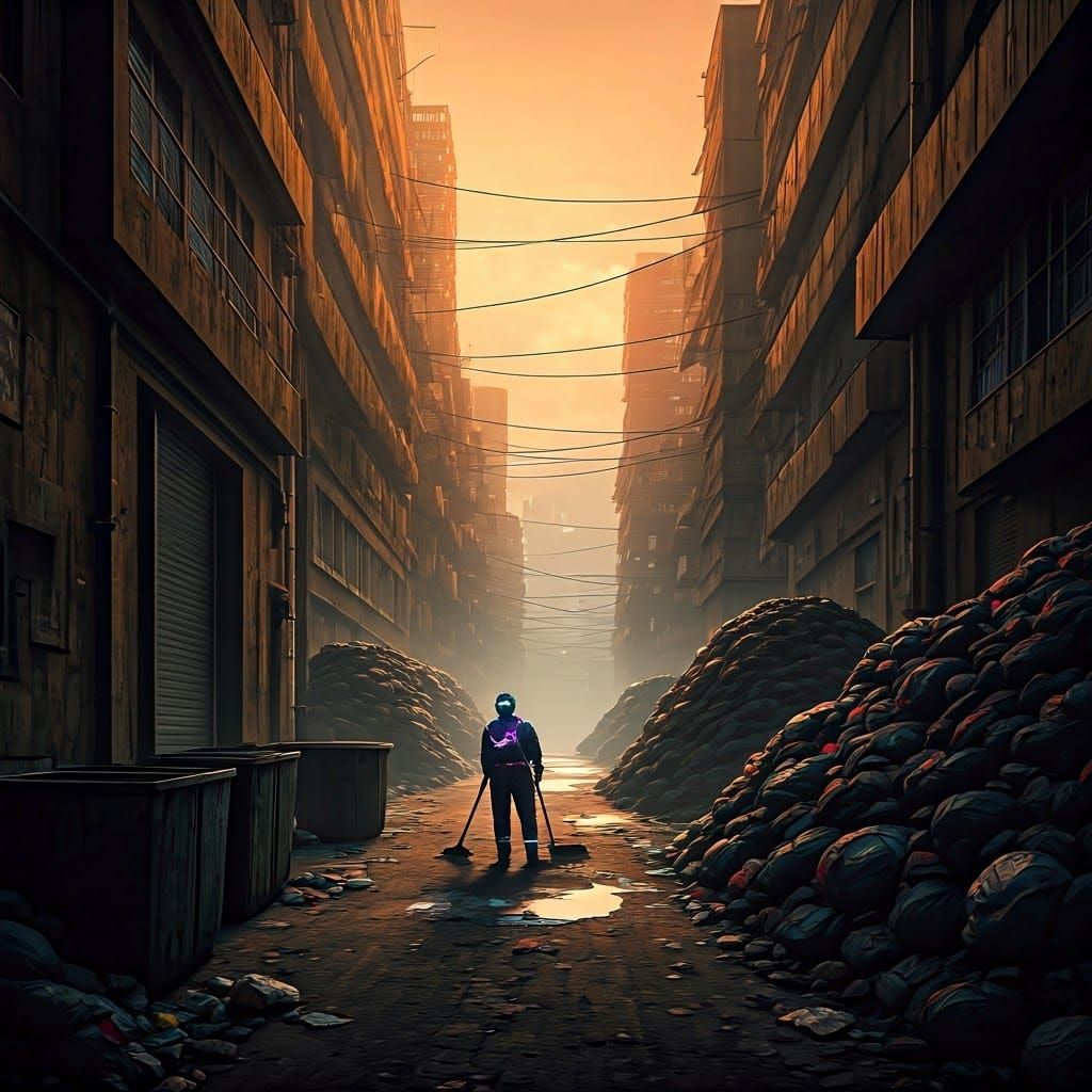 Dystopian Garbage Dump in Neon-Lit Twilight