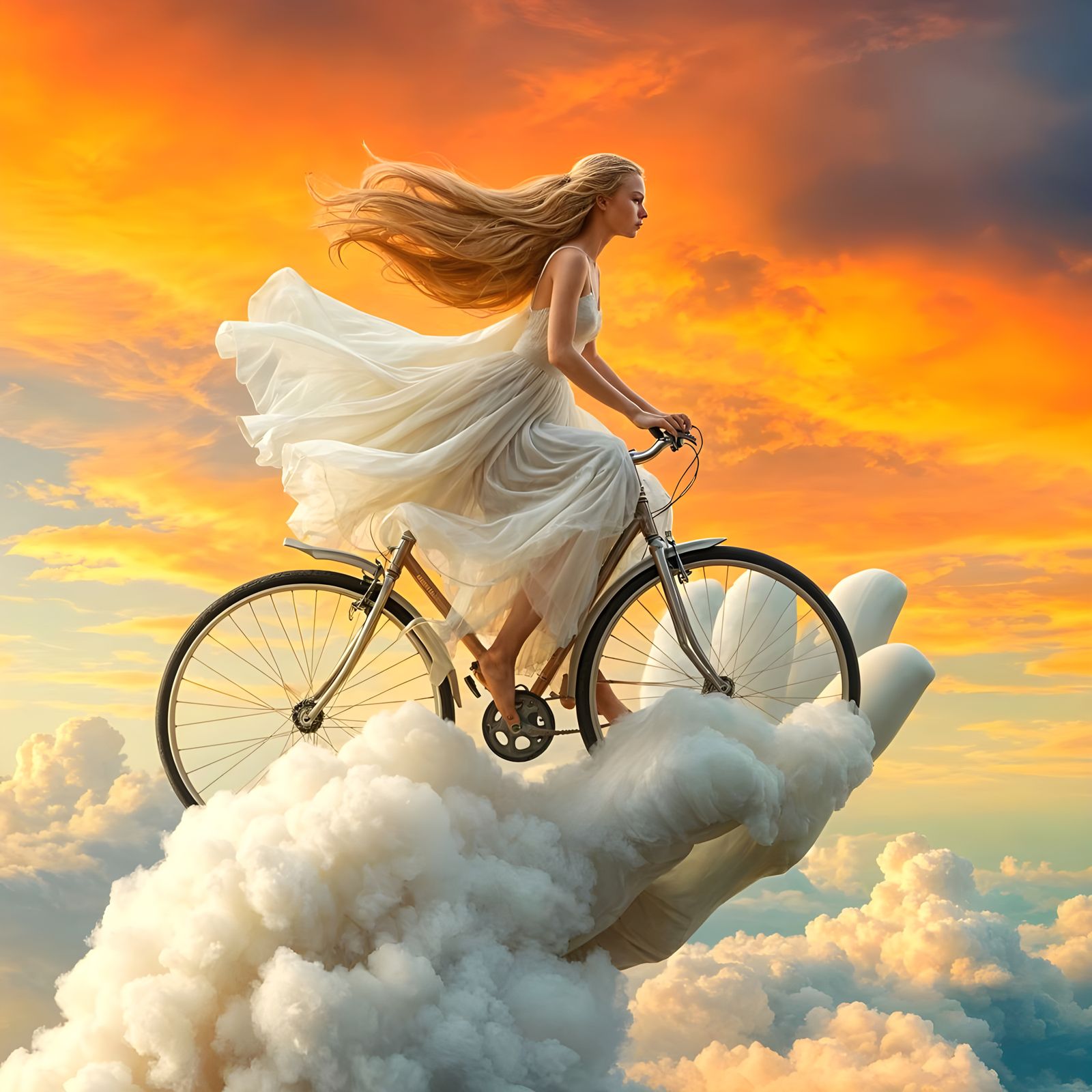 Surreal Woman Rides Cloudy Bicycle Hand in Sunset Glow