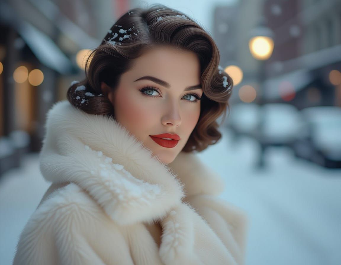 Vintage Pin-Up Woman in White Mink Coat in Snowy City