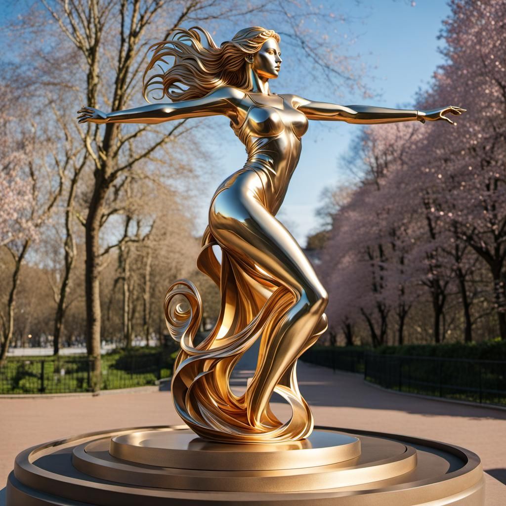 Metallic Sculpture of Woman in a Park