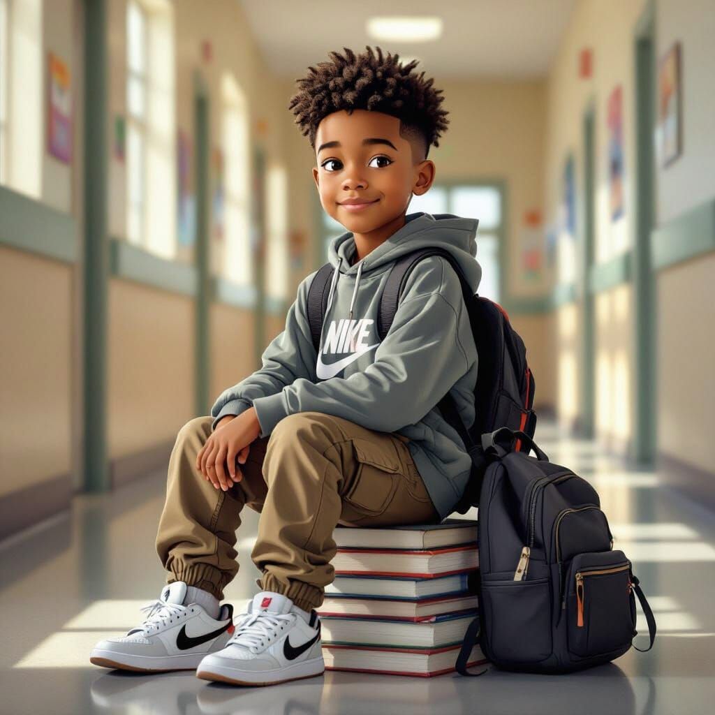 Young Boy Sits on Books in School Hallway