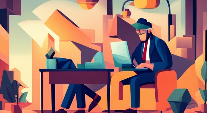 Cubist Man Composing Blog Post with Laptop