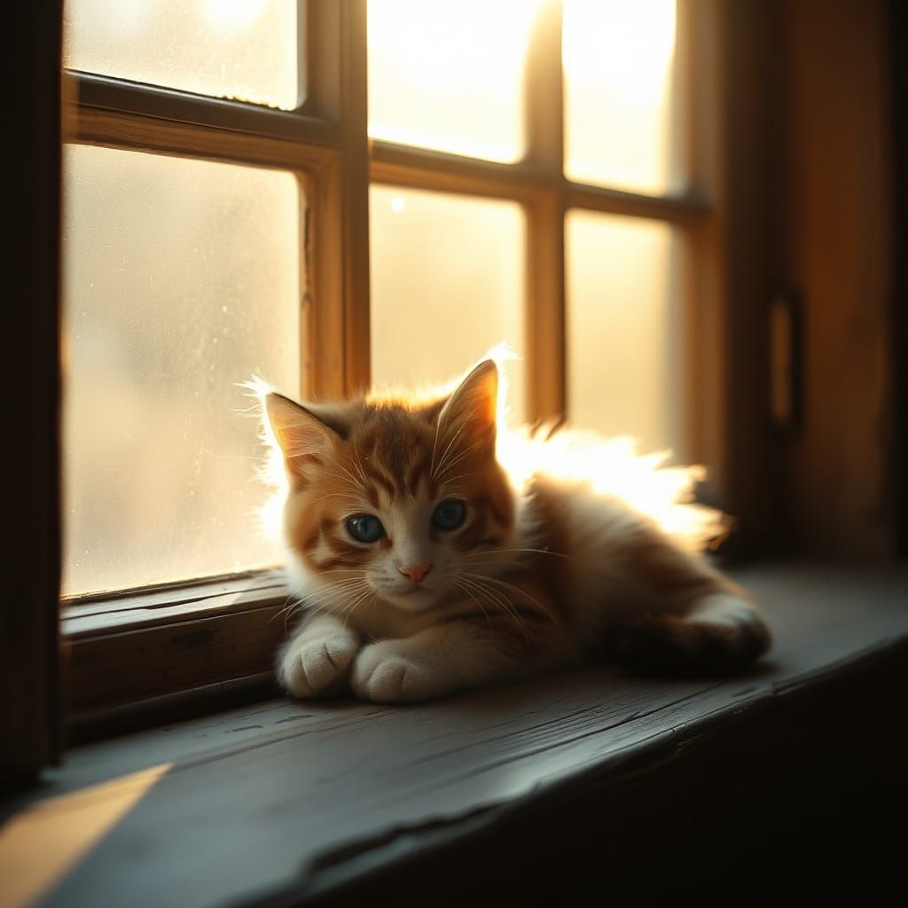 Kitten Basking in Sunlight: Cinematic 35mm Photography