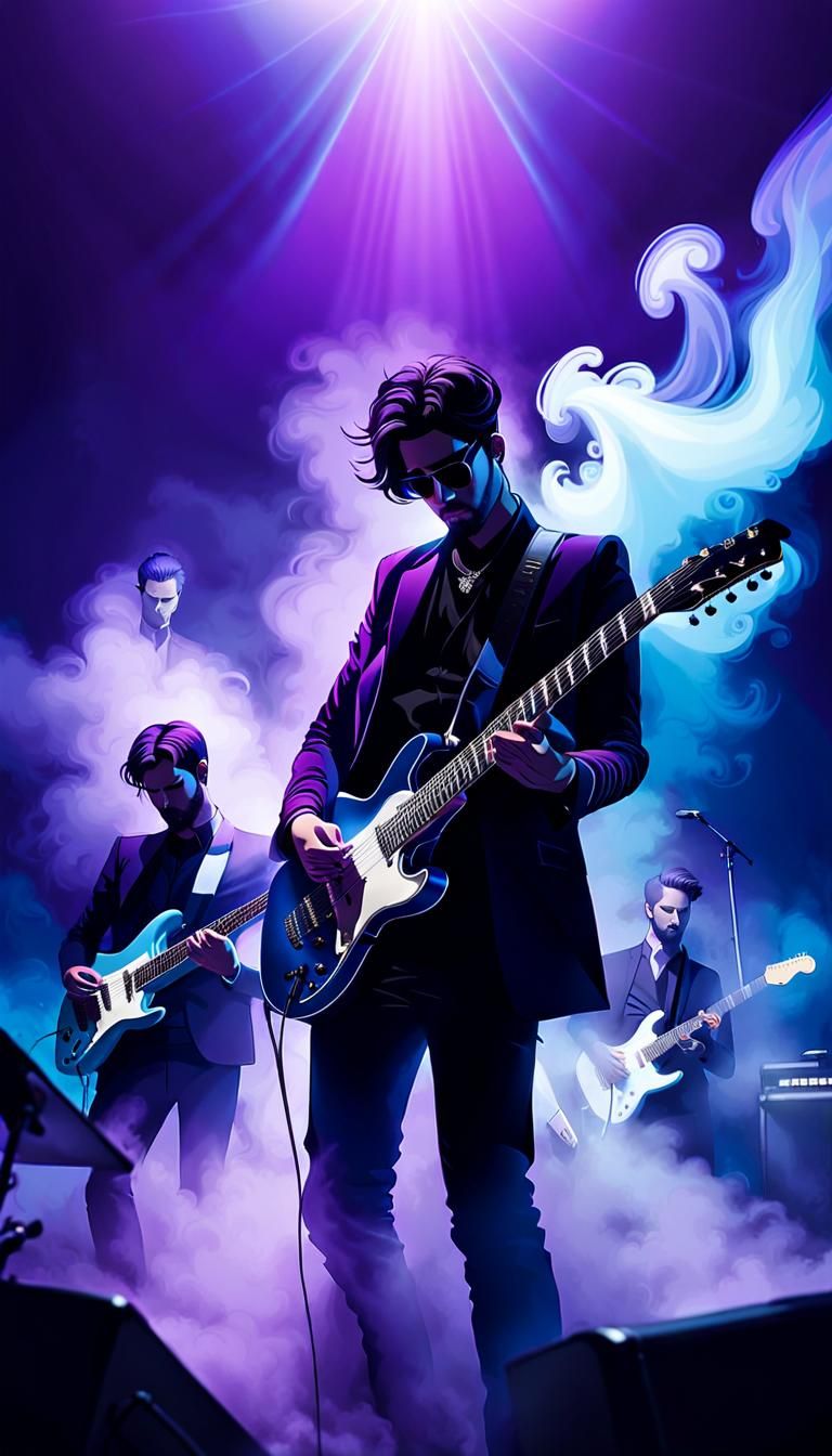 Fuzz Guitarist in Smoky Club: Stylized Digital Art