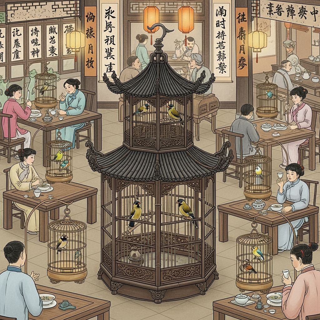 Qing Dynasty Teahouse with Elaborate Birdcages and Songbirds