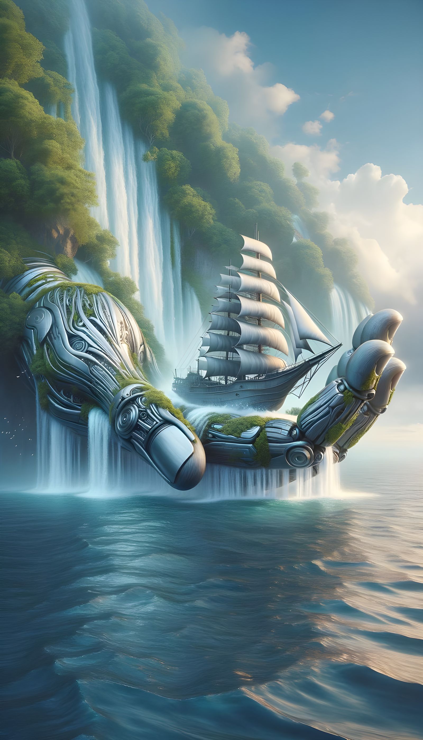 Robotic Oceanic Guardian Cradles Futuristic Sail Ship