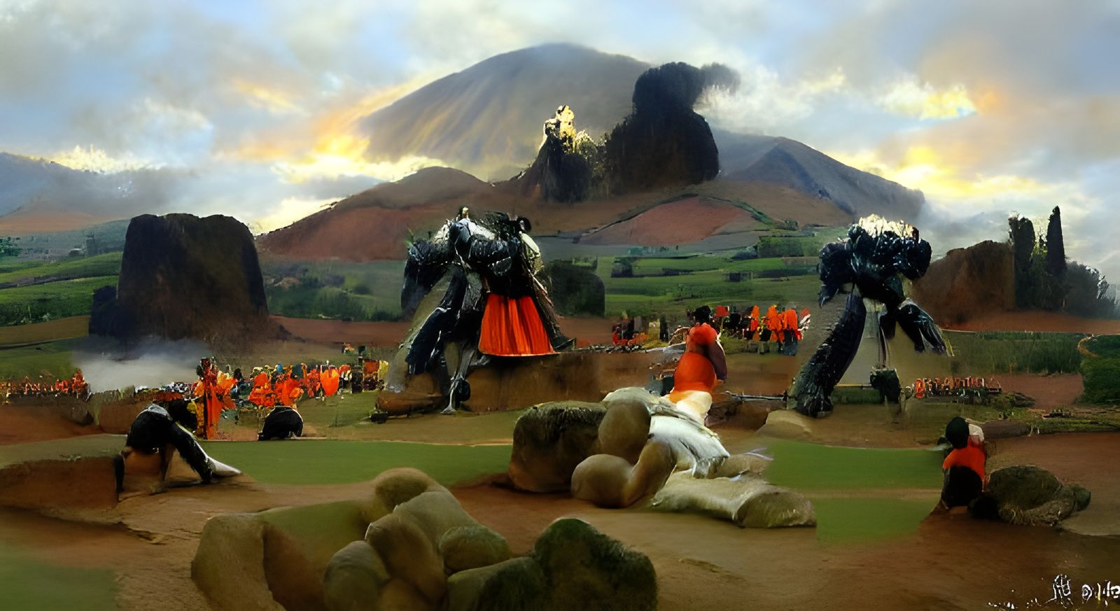 Mecha Robot Battle on Volcanic Landscape
