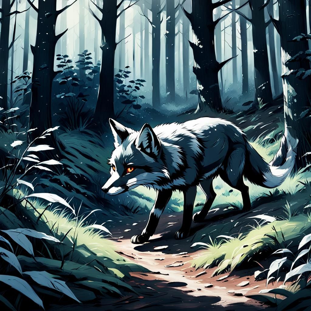 Monochrome Anime Fox Stalking Prey