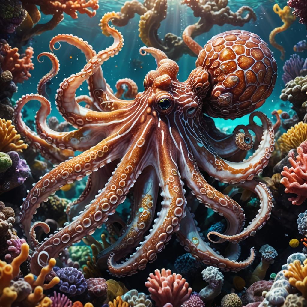 Dragon Scaled Octopus in Coral Reef: Hyperrealistic Art